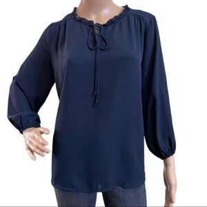 Pleione Women’s Navy Blue Tie Front Peasant Ruffle Oversized Blouse 3/4 Sleeve S